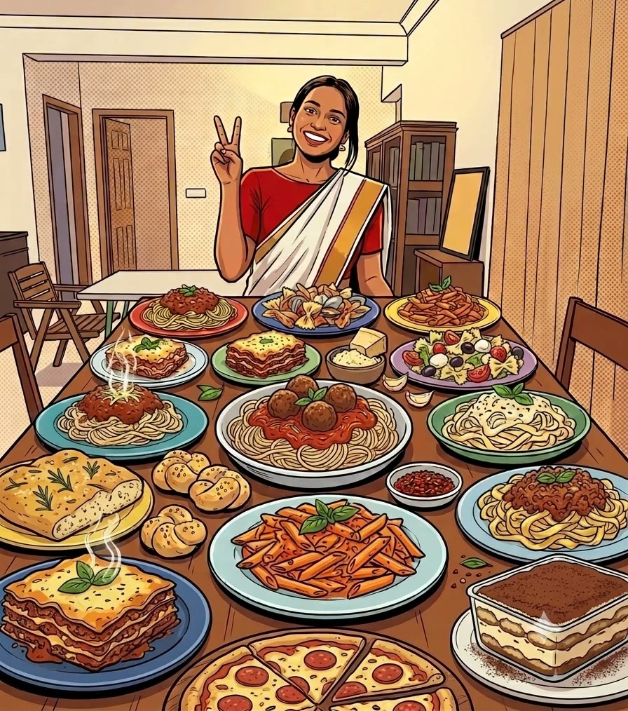Illustration of Roshni at her dining table in Bangalore, set with plates of spaghetti, penne, farfalle salad, lasagne, focaccia and a tiramisu